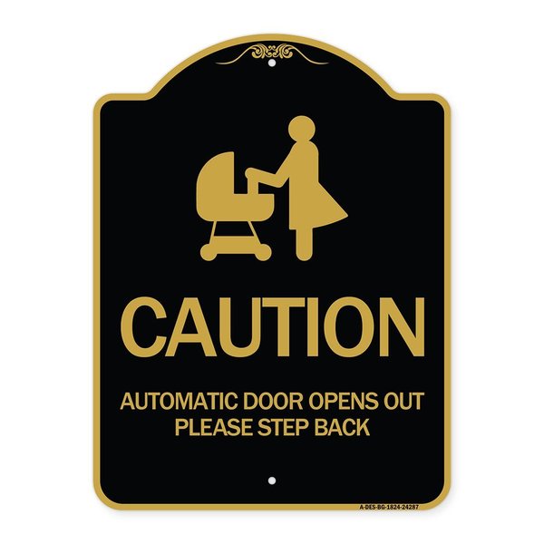 Signmission Caution Automatic Door Opens Out Please Step Back W/ Graphic Alum Sign, 18" x 24", BG-1824-24287 A-DES-BG-1824-24287